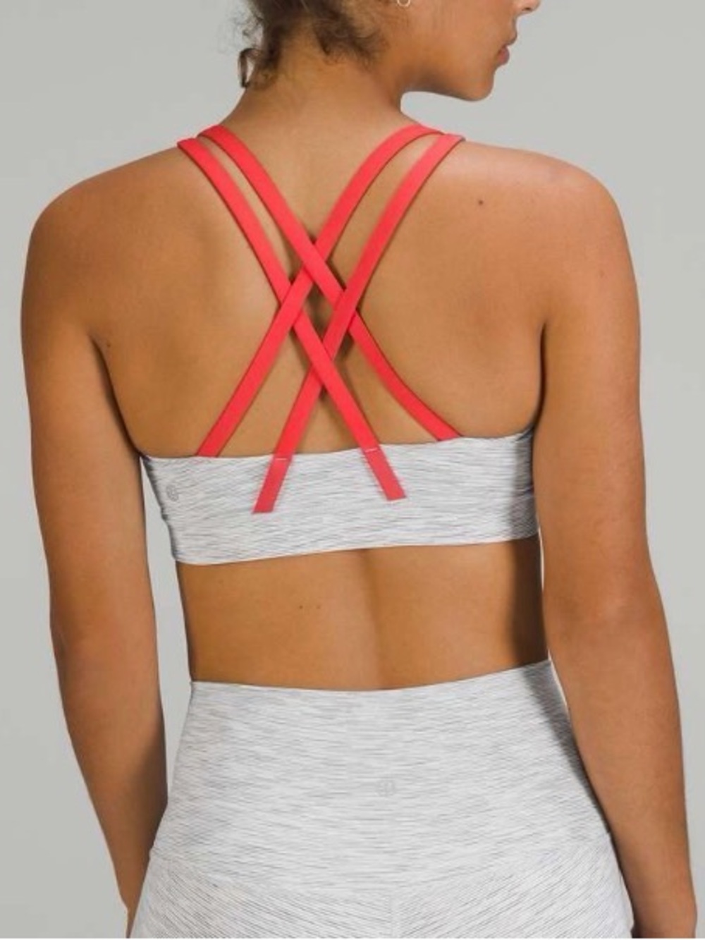 lululemon athletica Heathered Gray Sports Bra with Coral Crossed Straps